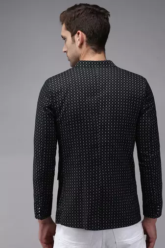 Men's Mandarin Collar Black Printed Blazer