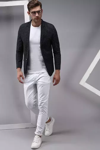Men's Mandarin Collar Black Printed Blazer