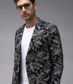 men's mandarin collar black printed blazer