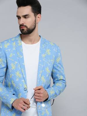 SHOWOFF Men's Mandarin Collar Blue Printed Blazer 1