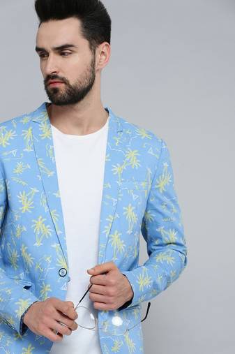 SHOWOFF Men's Mandarin Collar Blue Printed Blazer