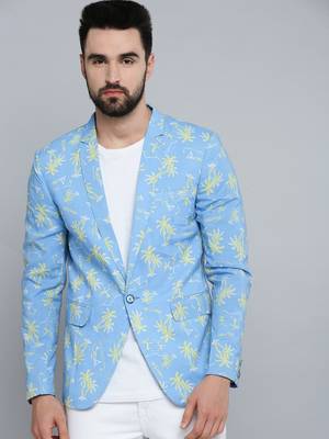SHOWOFF Men's Mandarin Collar Blue Printed Blazer 2