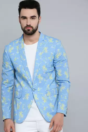SHOWOFF Men's Mandarin Collar Blue Printed Blazer