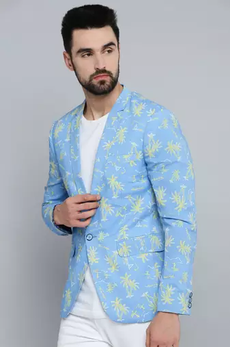 SHOWOFF Men's Mandarin Collar Blue Printed Blazer