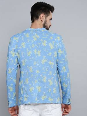 SHOWOFF Men's Mandarin Collar Blue Printed Blazer 4