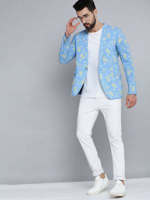 SHOWOFF Men's Mandarin Collar Blue Printed Blazer 5