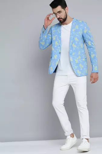 SHOWOFF Men's Mandarin Collar Blue Printed Blazer
