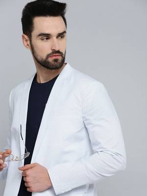 Men's Mandarin Collar White Printed Blazer 1