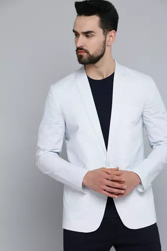 Men's Mandarin Collar White Printed Blazer