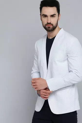 Men's Mandarin Collar White Printed Blazer