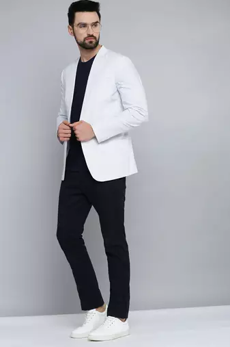 Men's Mandarin Collar White Printed Blazer