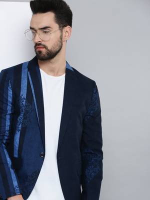 SHOWOFF Men's Mandarin Collar Navy Blue Printed Blazer 1