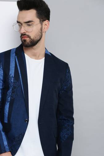 SHOWOFF Men's Mandarin Collar Navy Blue Printed Blazer