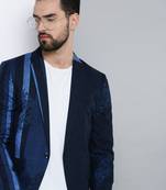 SHOWOFF Men's Mandarin Collar Navy Blue Printed Blazer