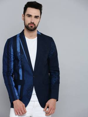 SHOWOFF Men's Mandarin Collar Navy Blue Printed Blazer 2