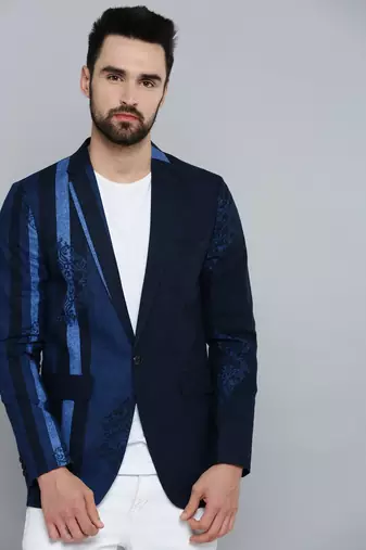 SHOWOFF Men's Mandarin Collar Navy Blue Printed Blazer