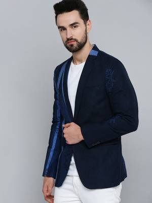 SHOWOFF Men's Mandarin Collar Navy Blue Printed Blazer 3