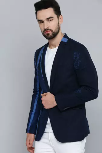 SHOWOFF Men's Mandarin Collar Navy Blue Printed Blazer