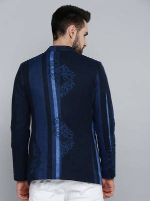 SHOWOFF Men's Mandarin Collar Navy Blue Printed Blazer 4