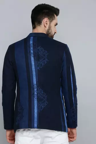 SHOWOFF Men's Mandarin Collar Navy Blue Printed Blazer