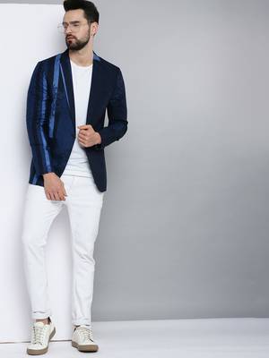 SHOWOFF Men's Mandarin Collar Navy Blue Printed Blazer 5