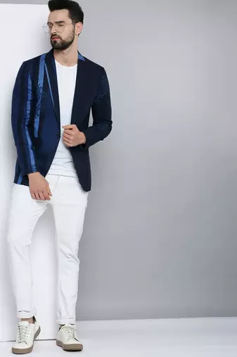 SHOWOFF Men's Mandarin Collar Navy Blue Printed Blazer