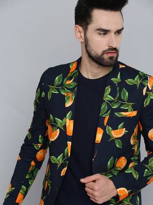 SHOWOFF Men's Mandarin Collar Navy Blue Printed Blazer 1