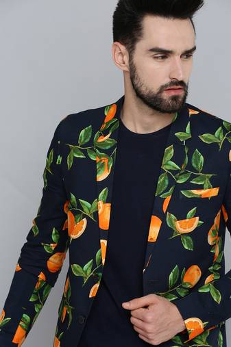 SHOWOFF Men's Mandarin Collar Navy Blue Printed Blazer