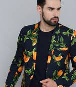 SHOWOFF Men's Mandarin Collar Navy Blue Printed Blazer