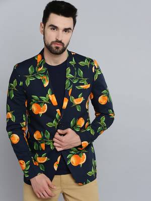 SHOWOFF Men's Mandarin Collar Navy Blue Printed Blazer 2