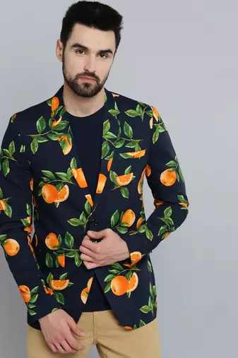 SHOWOFF Men's Mandarin Collar Navy Blue Printed Blazer