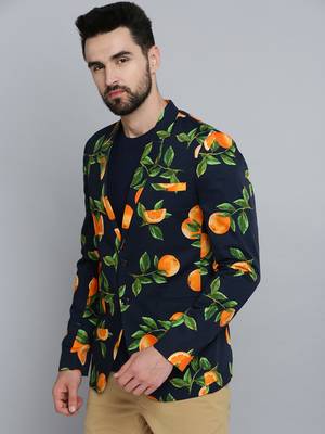 SHOWOFF Men's Mandarin Collar Navy Blue Printed Blazer 3
