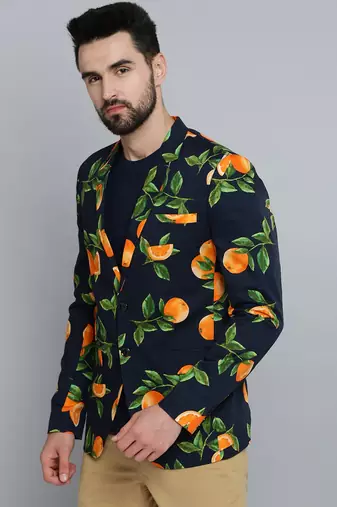 SHOWOFF Men's Mandarin Collar Navy Blue Printed Blazer
