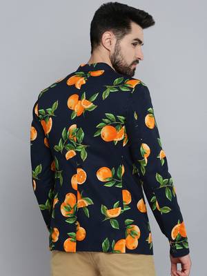 SHOWOFF Men's Mandarin Collar Navy Blue Printed Blazer 4