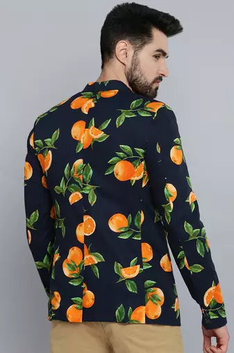 SHOWOFF Men's Mandarin Collar Navy Blue Printed Blazer