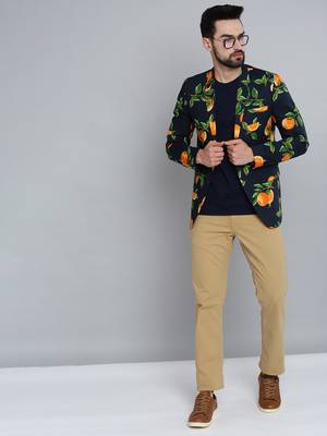 SHOWOFF Men's Mandarin Collar Navy Blue Printed Blazer 5