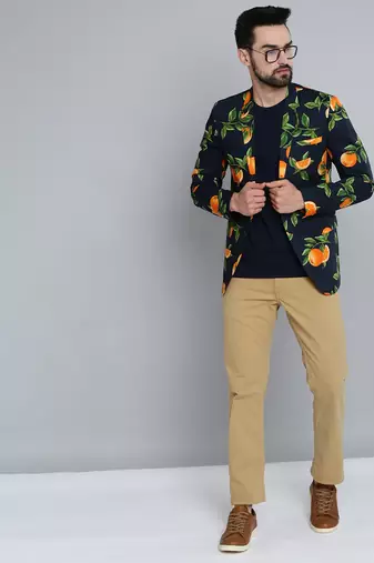 SHOWOFF Men's Mandarin Collar Navy Blue Printed Blazer