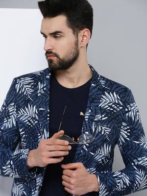 SHOWOFF Men's Mandarin Collar Navy Blue Printed Blazer 1