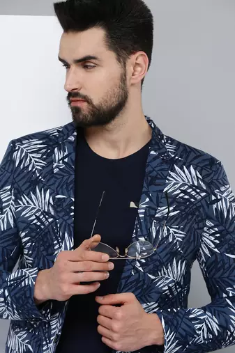 SHOWOFF Men's Mandarin Collar Navy Blue Printed Blazer