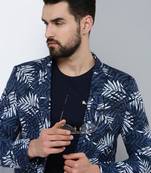 SHOWOFF Men's Mandarin Collar Navy Blue Printed Blazer