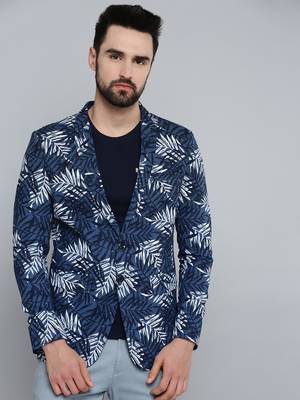 SHOWOFF Men's Mandarin Collar Navy Blue Printed Blazer 2