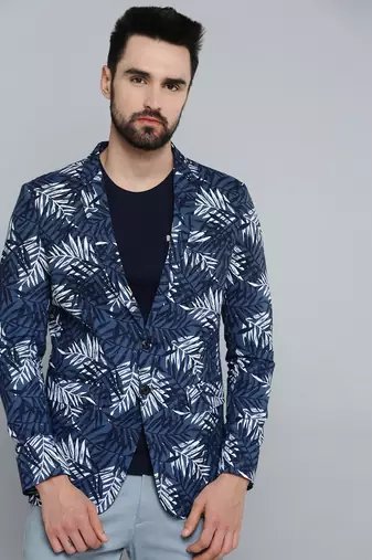SHOWOFF Men's Mandarin Collar Navy Blue Printed Blazer