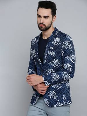 SHOWOFF Men's Mandarin Collar Navy Blue Printed Blazer 3