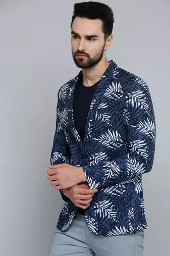 SHOWOFF Men's Mandarin Collar Navy Blue Printed Blazer