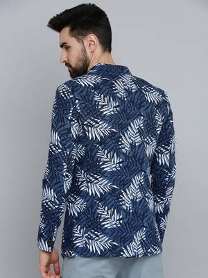 SHOWOFF Men's Mandarin Collar Navy Blue Printed Blazer 4