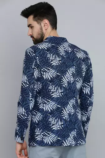 SHOWOFF Men's Mandarin Collar Navy Blue Printed Blazer