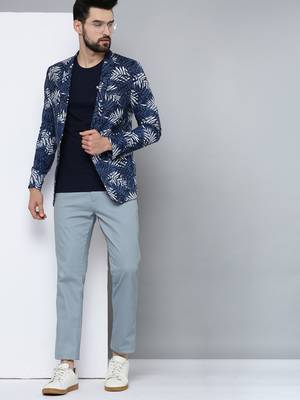 SHOWOFF Men's Mandarin Collar Navy Blue Printed Blazer 5