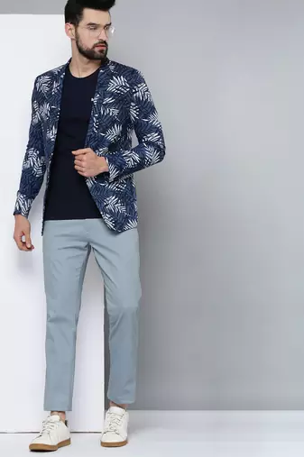 SHOWOFF Men's Mandarin Collar Navy Blue Printed Blazer
