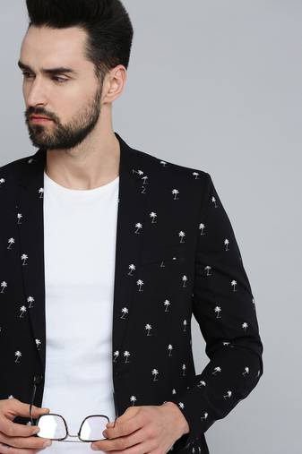 SHOWOFF Men's Mandarin Collar Black Printed Blazer