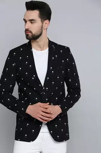 SHOWOFF Men's Mandarin Collar Black Printed Blazer